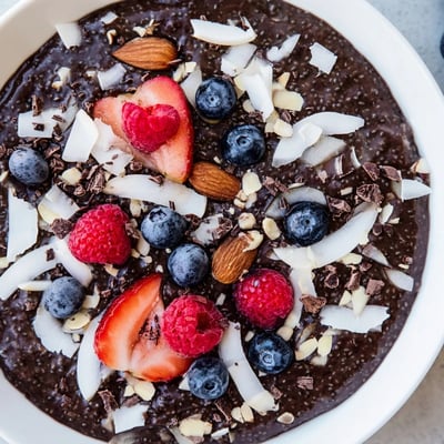 Rich chocolate almond coconut berry protein chia cream served in glass jars with coconut flakes