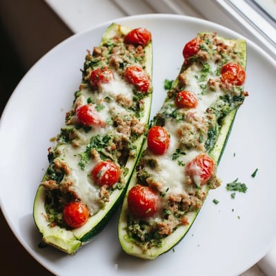 Tender baked pesto turkey and spinach zucchini boats bubbling with melted Parmesan cheese