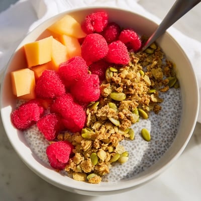 Creamy coconut chia pudding layered with ripe papaya and mint for a tropical breakfast